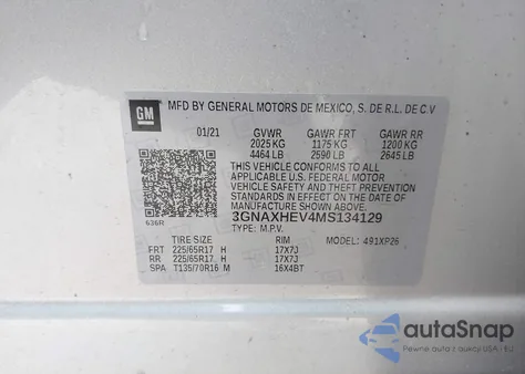 2021 Chevrolet Equinox Fwd Ls из США, поврежденный, VIN 3GNAXHEV4MS134129